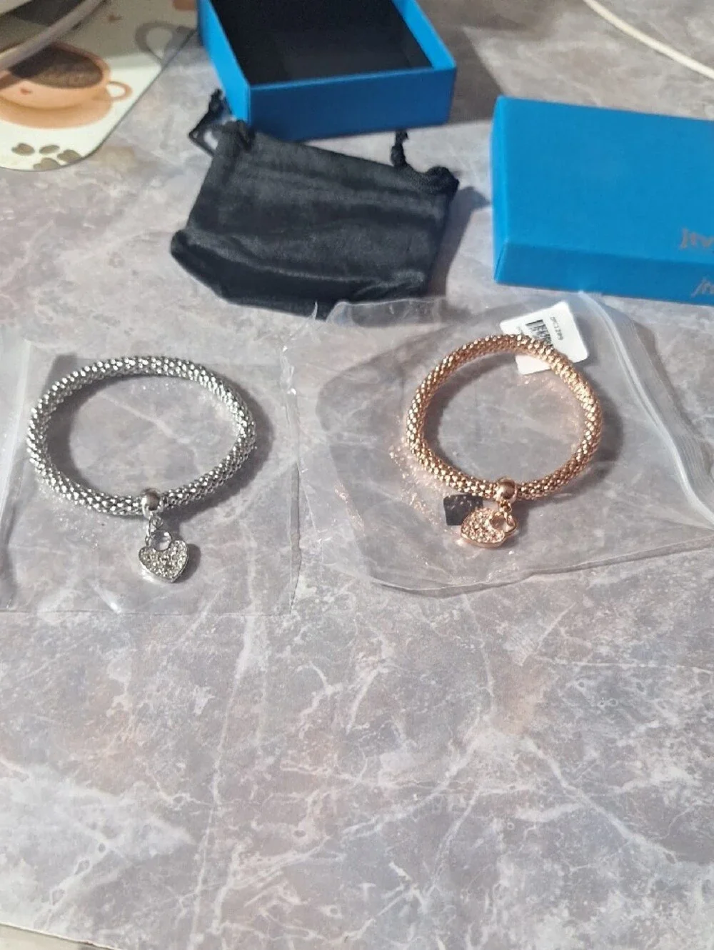 JTV Rose Gold & Silver Pave Heart Mesh Bracelets - Pair